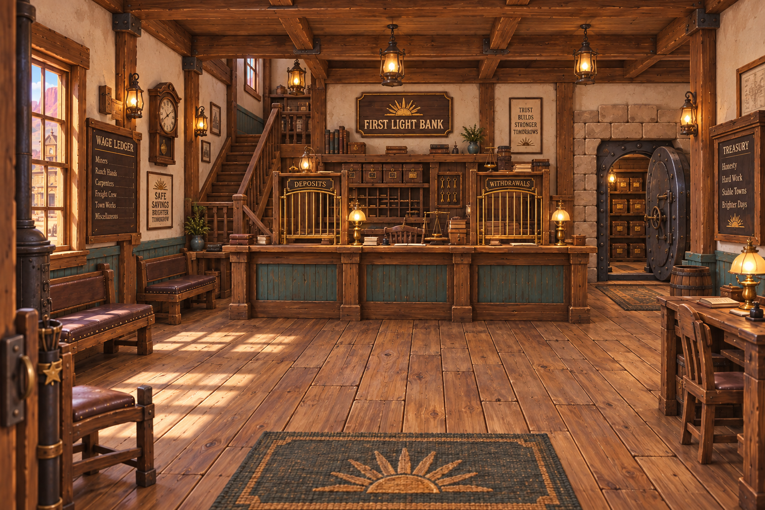 First Light Bank interior with brass counters, wooden ledgers, warm lamps and a vault.