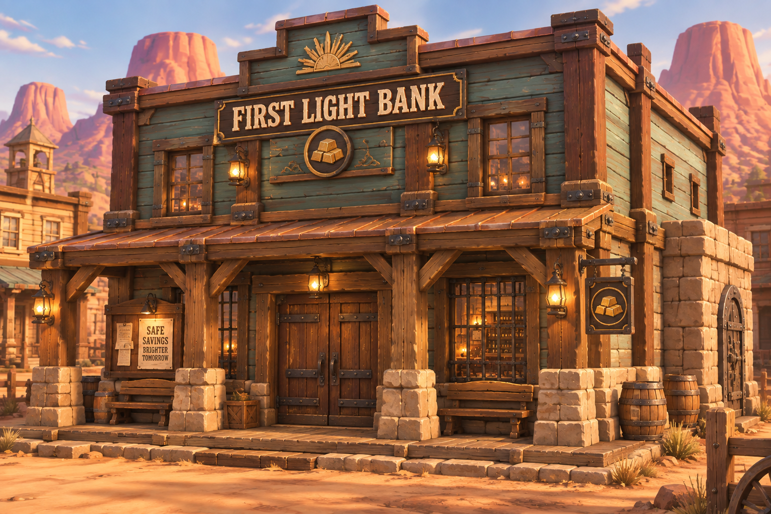 Teal and timber First Light Bank exterior with a sunrise emblem.