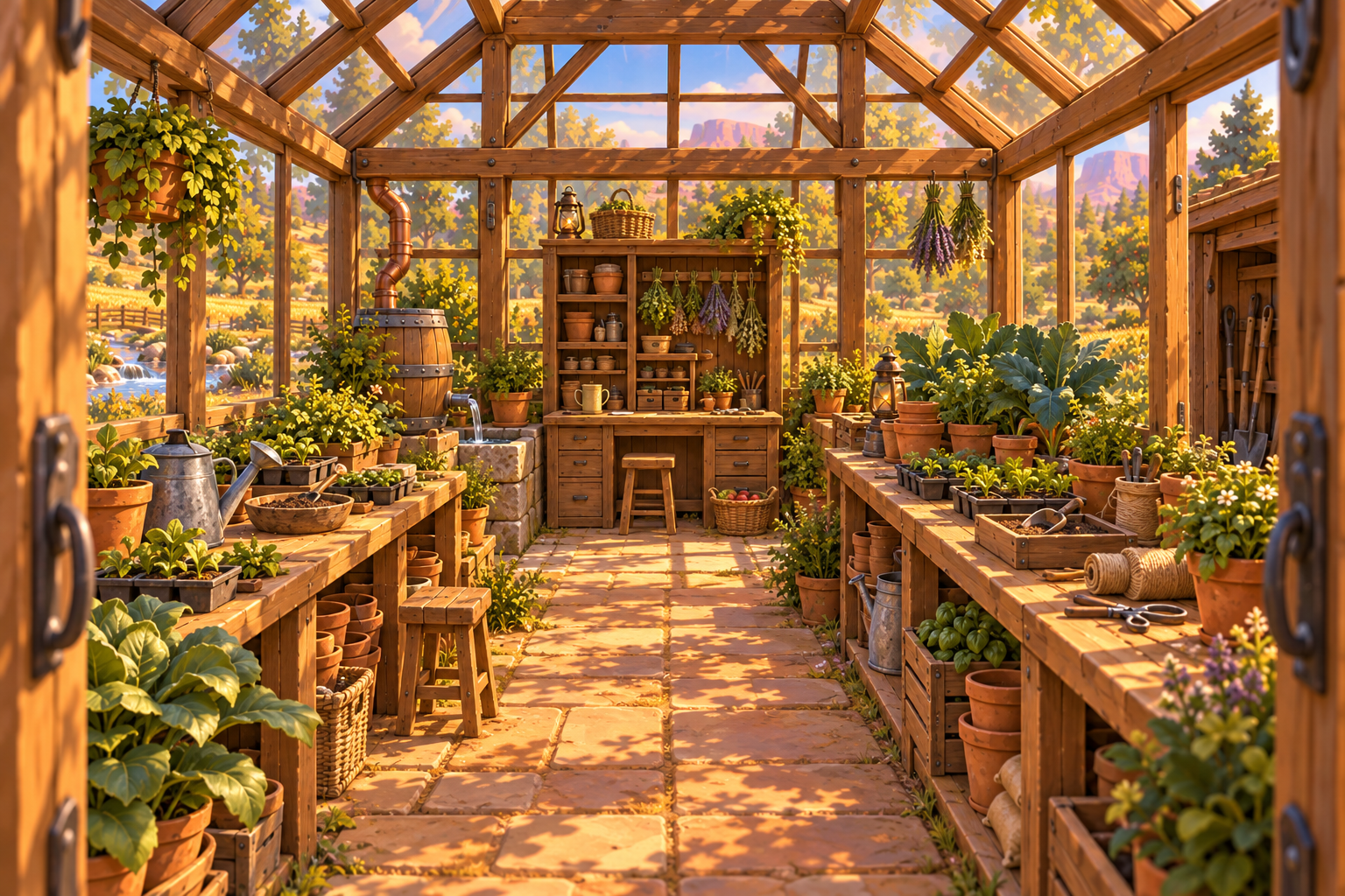 Sunlit greenhouse interior full of plants, timber benches and glass panes.