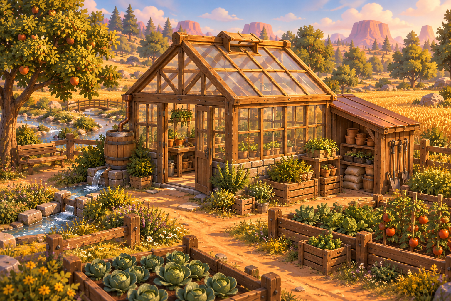 Frontier greenhouse exterior beside planted growing beds.