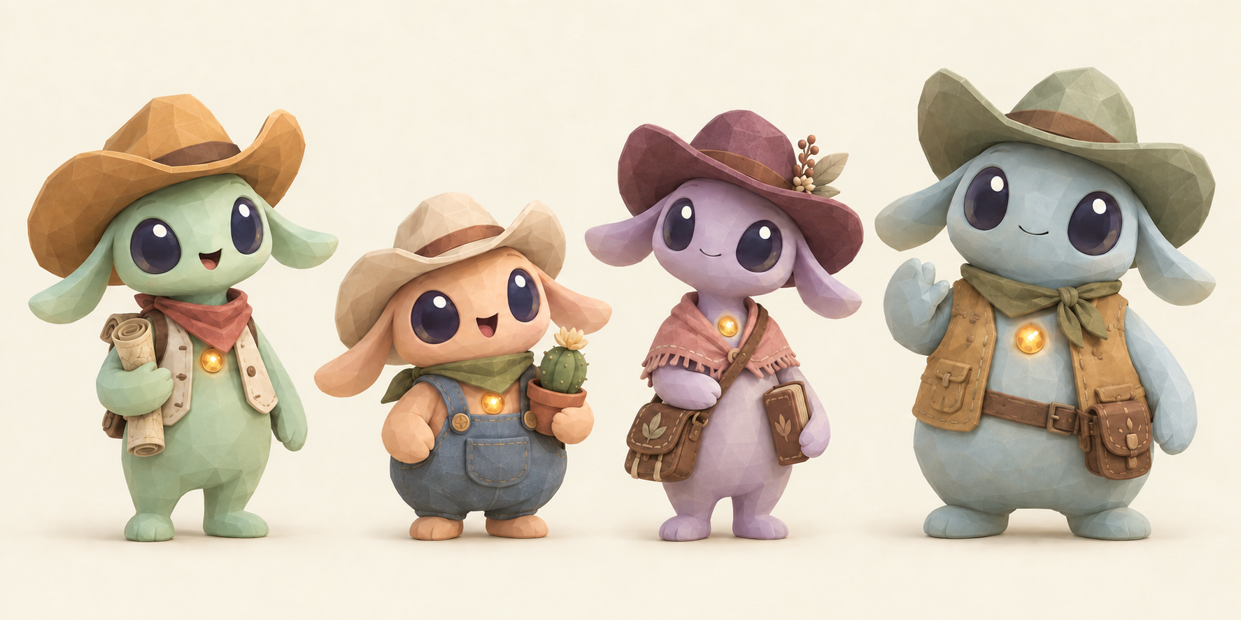 Four small pastel alien Glimmers with cowboy hats, floppy ears and golden chest tokens.