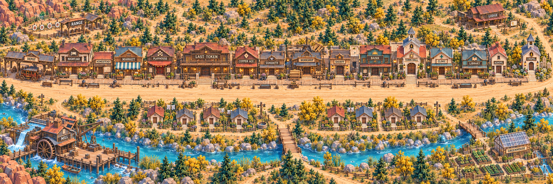 Panoramic painted frontier street with colorful timber shops, a turquoise creek and small cottages.