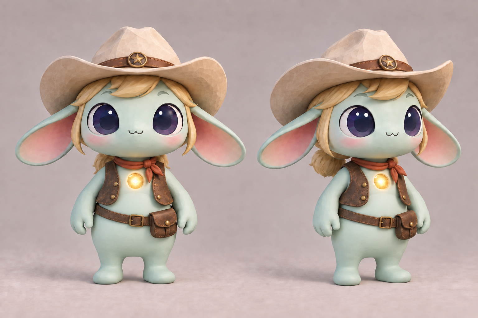 Front and three-quarter views of a cute mint Glimmer with a large hat, vest, round body and bare feet.