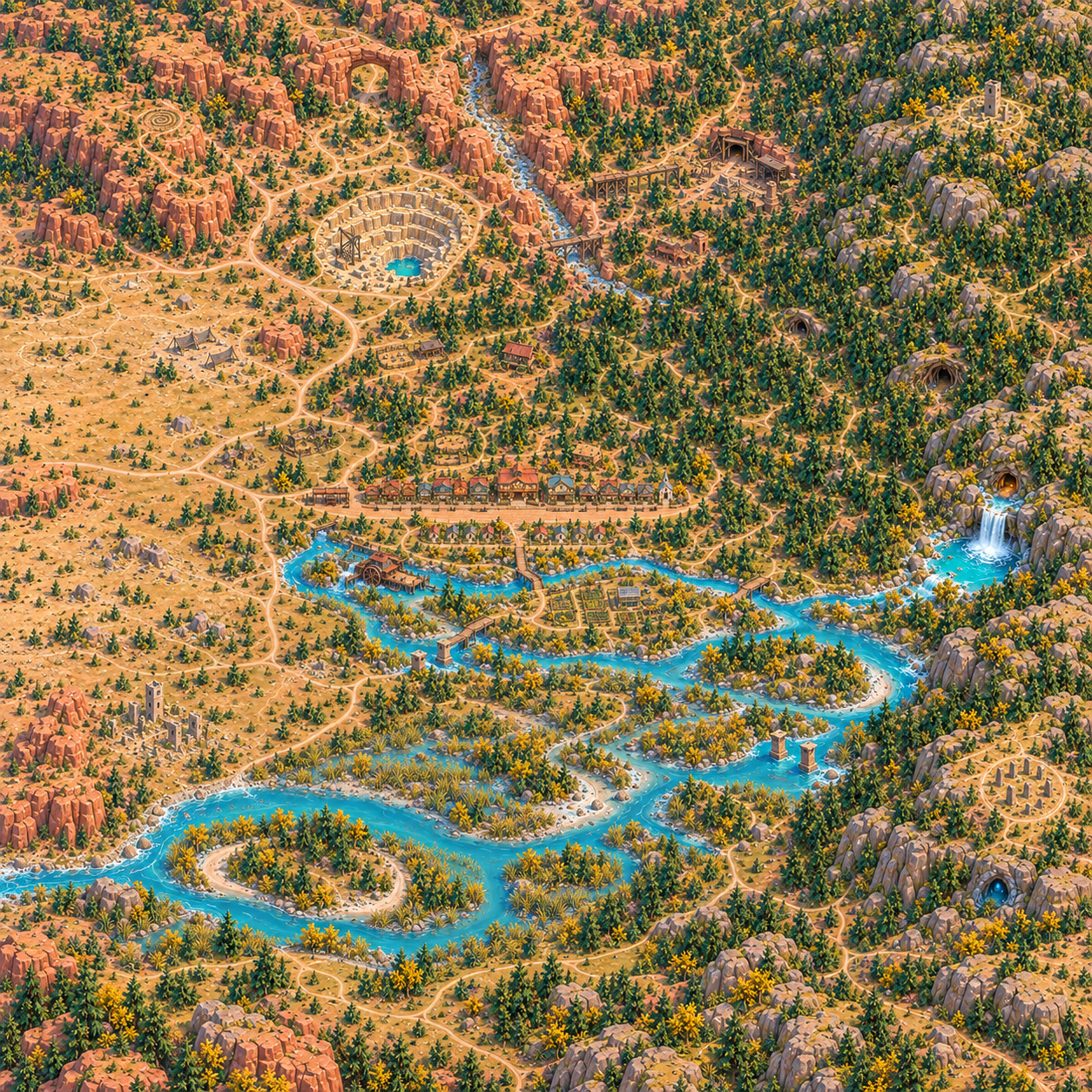 Wide illustrated basin of mountains, woodland, a turquoise river and a frontier settlement.