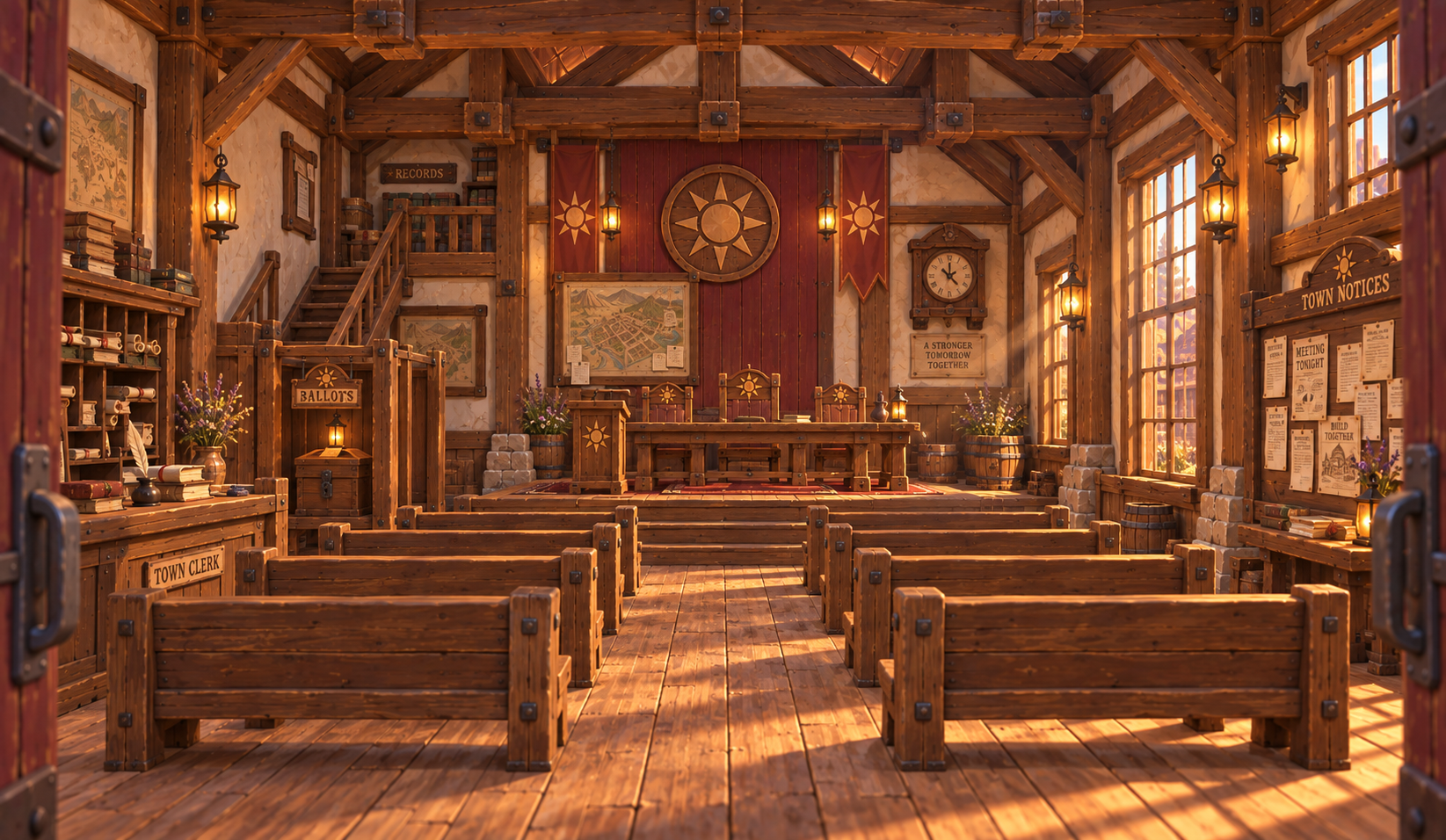 Wood-paneled frontier town hall interior with civic furnishings and warm light.