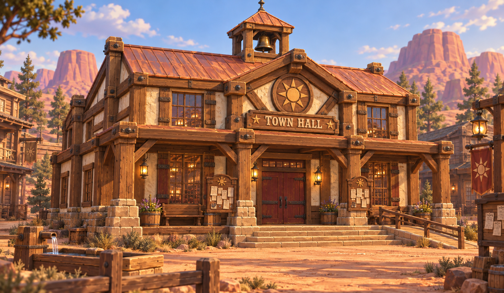 Warm timber town hall exterior with a copper roof and frontier details.