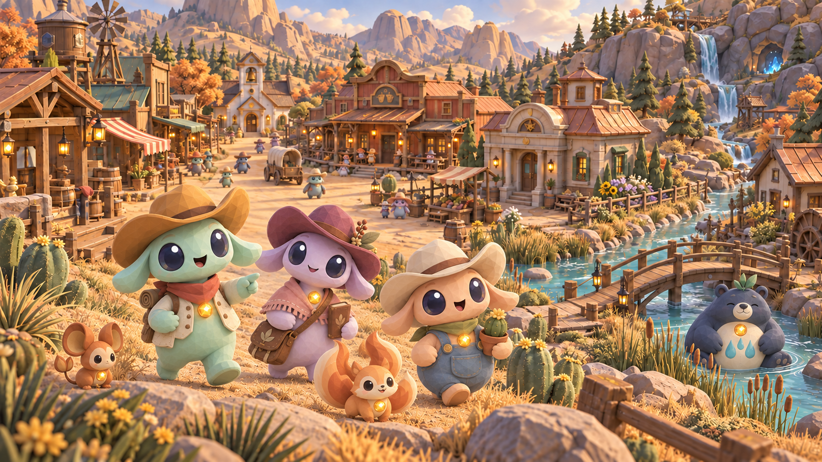 A warm clay-like frontier town with copper roofs, a turquoise creek, a mountain waterfall, and tiny cowboy alien residents.